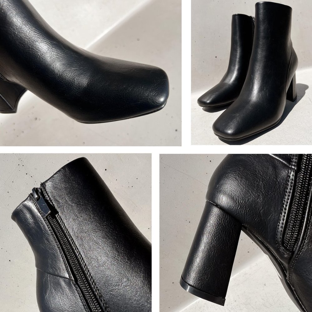 NEW Black Faux Leather Sleek Slim Square Toe Block Heel Ankle Boots Bootie Shoes - Picture 10 of 13